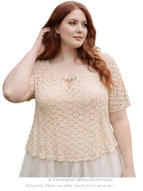 Cream Lace Overlay Pearl Neck Top Romantic Cottagecore Blouse 2X